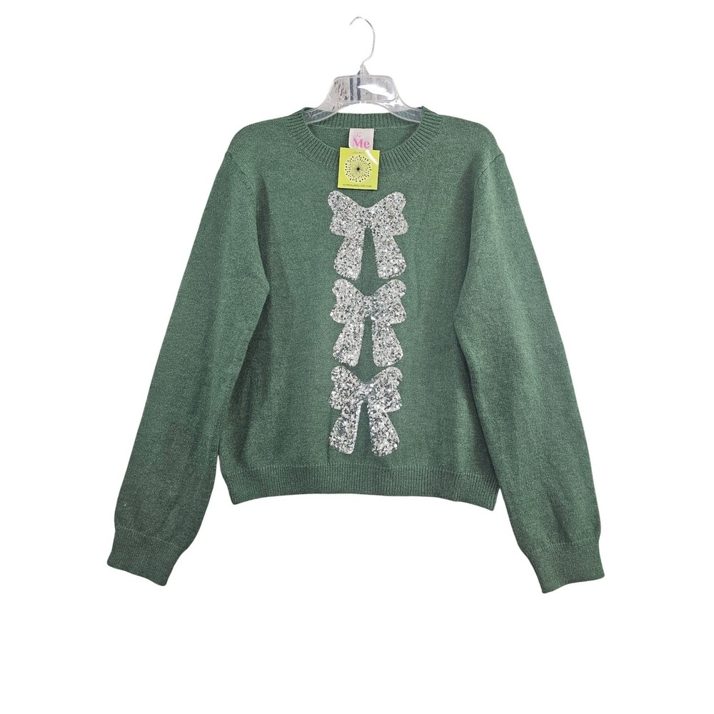 So Me Sequin Bow Sweater Womens Green Solid Crewneck Long Sleeve Festive Holiday